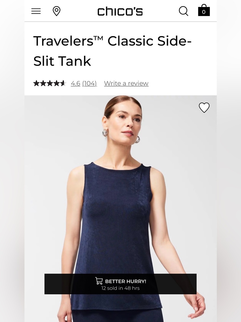 Chico's Travelers Side Slit India InkSleeveless Tank Size 2= size 12 NWT
